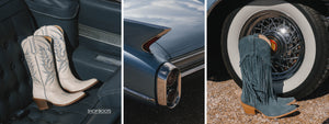 Three images showing white cowboy boots, a car exhaust, and blue fringed boots on gravel.