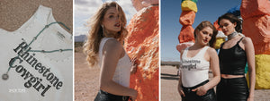 Collage of a 'Rhinestone Cowgirl' top with desert and colorful rock formations in the background.