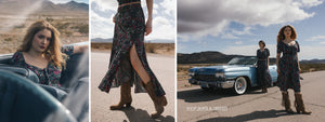 Woman in a long dress and boots standing next to a vintage car in a desert setting.