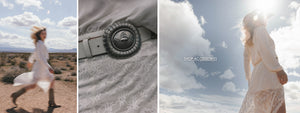 Collage of a woman in a white dress, a belt with a buckle, and a scenic view with clouds.