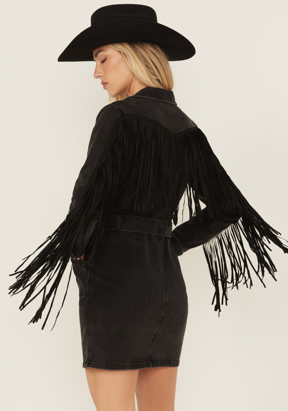 Fringe Long Sleeve Stretch Denim Mini Dress