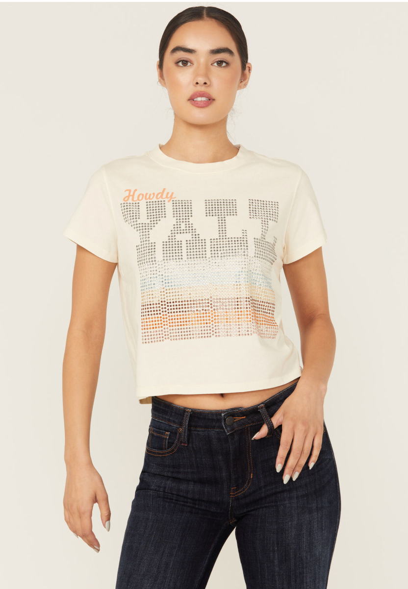 Y'all Embellished Short Sleeve Cropped Graphic Tee