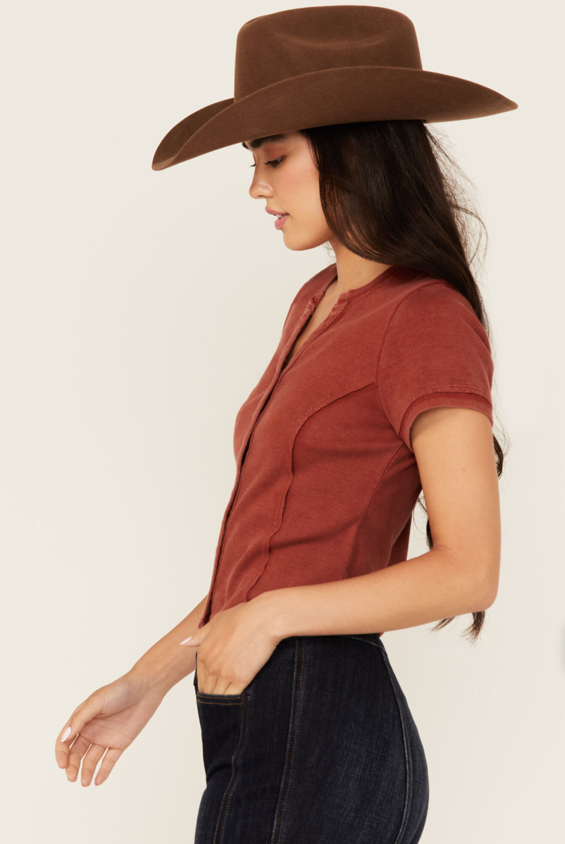 Solid Short Sleeve Button-Down Cropped Tee