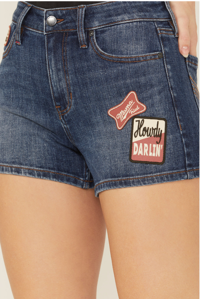 Ellie Patch Dark Wash High Rise Stretch Denim Shorts