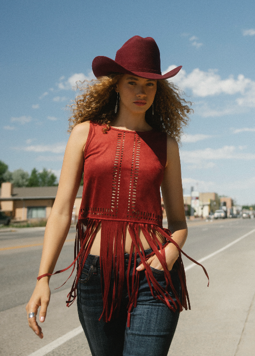 Whitsett Cutout Faux Suede Fringe Tank Top