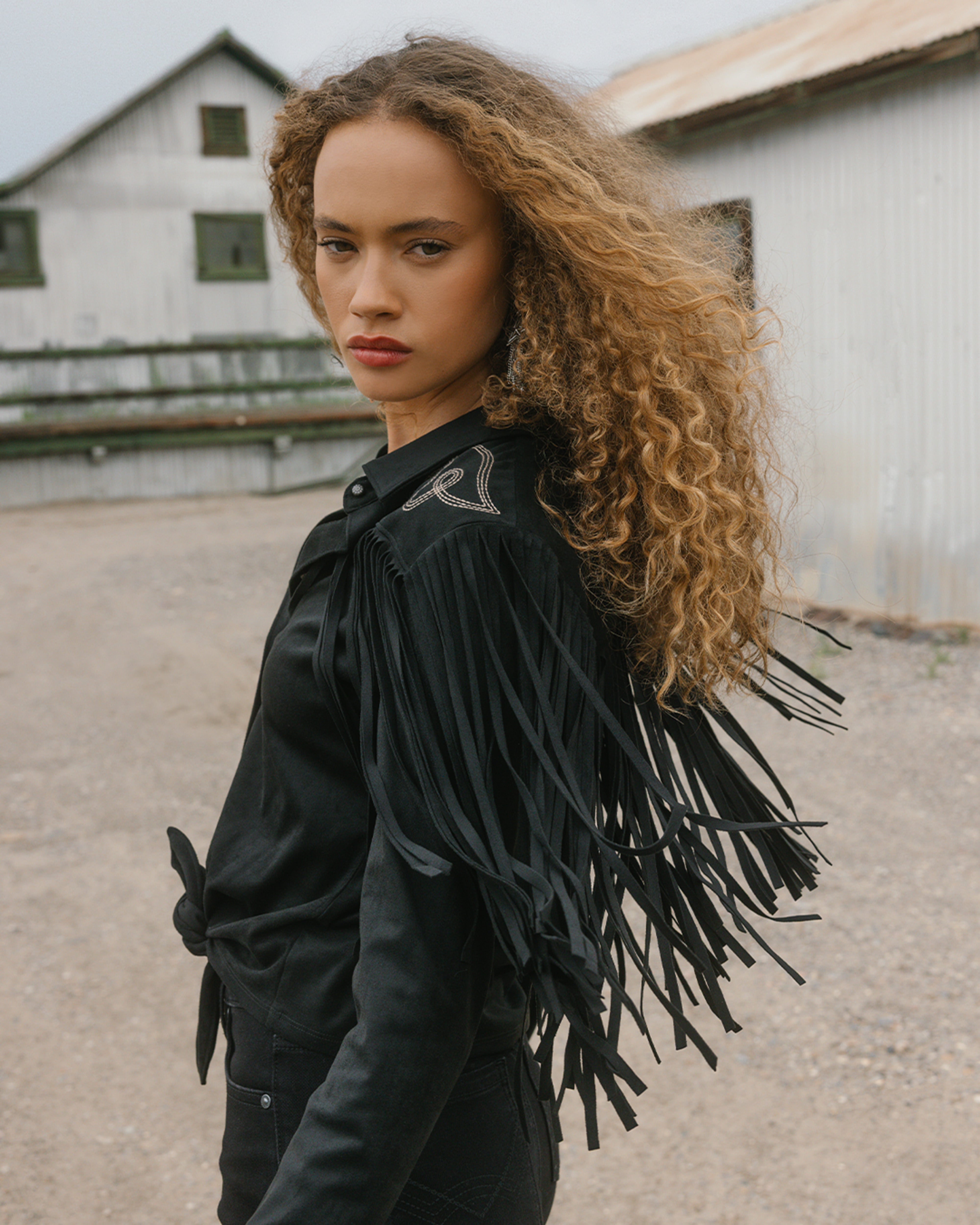 McKinney Faux Suede Long Sleeve Fringe Top