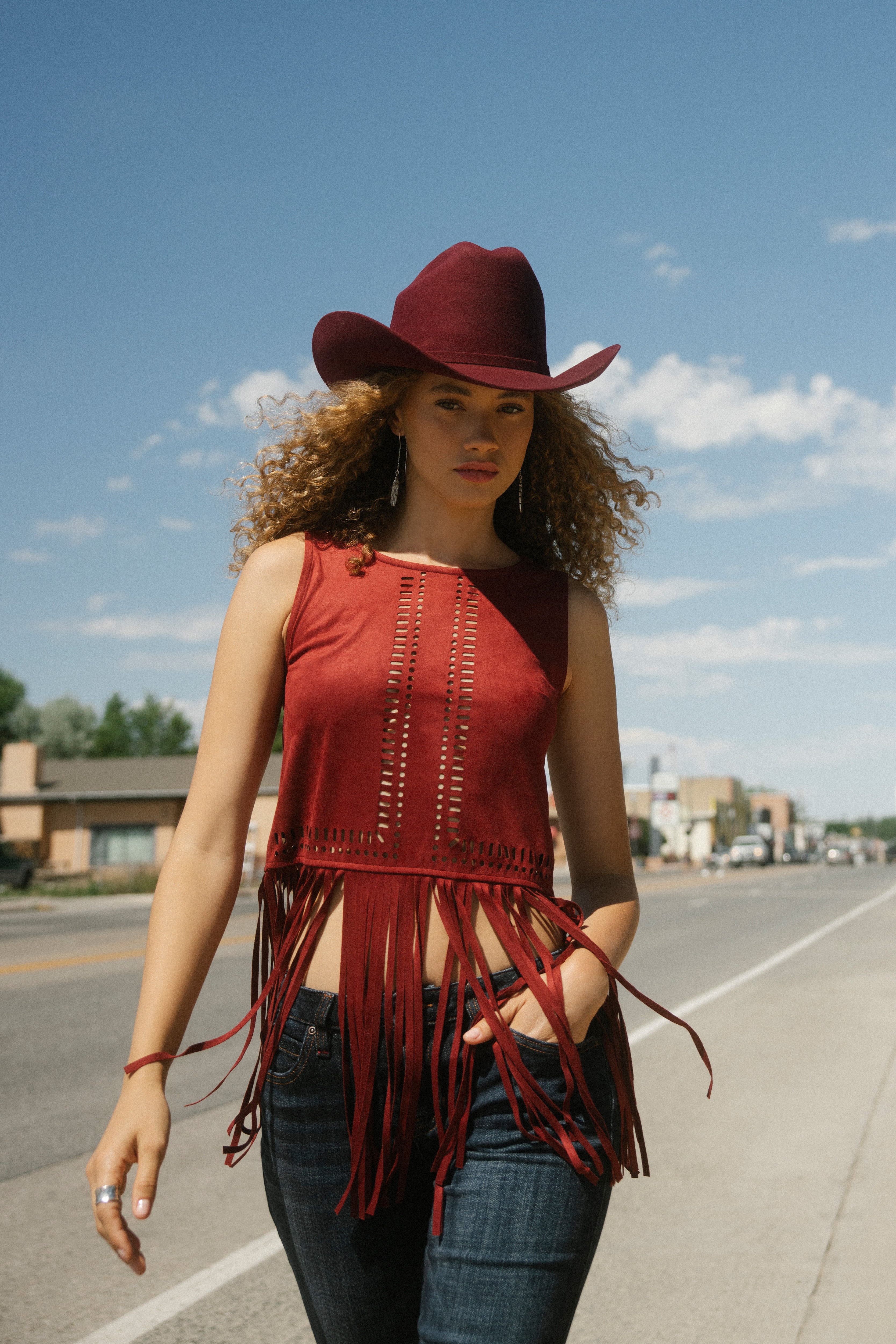 Whitsett Cutout Faux Suede Fringe Tank Top