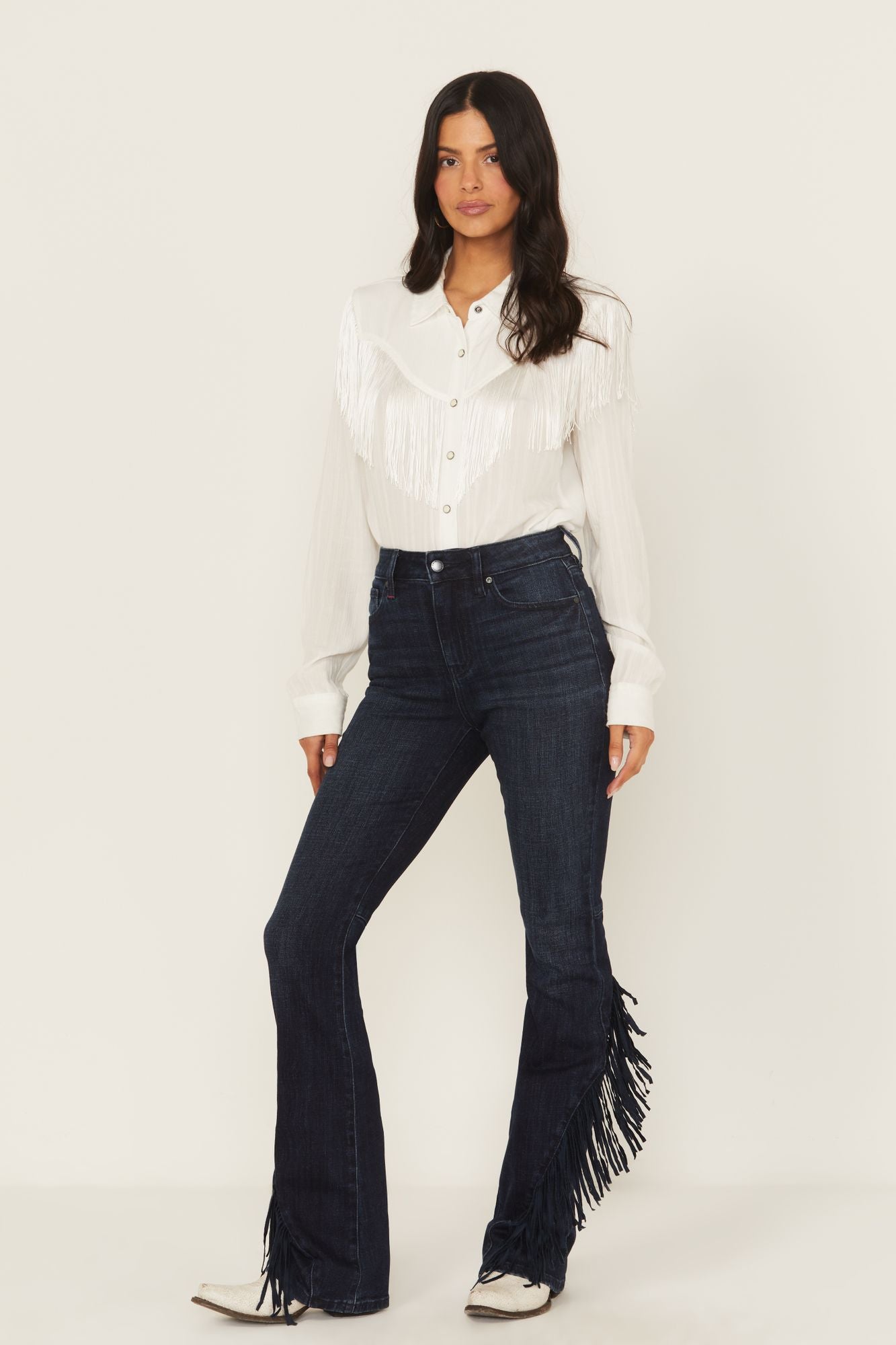 Allessio Dark Wash High Rise Fringe Bootcut Super Stretch Denim Jeans