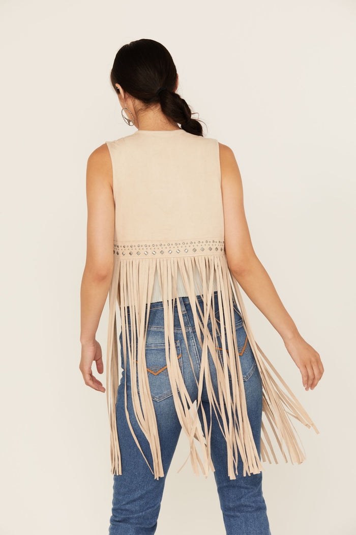 Suede Fringe Vest w/ Rhinestone Detail
