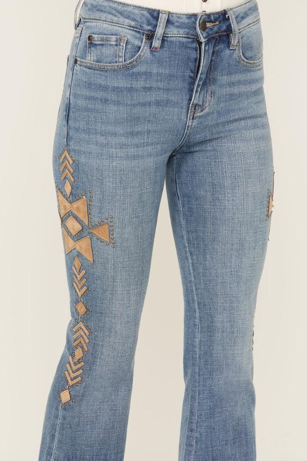 Ellis Medium Wash Gypsy High Rise Faux Suede Embellished Bootcut Comfort Stretch Denim Jeans - Medium Wash