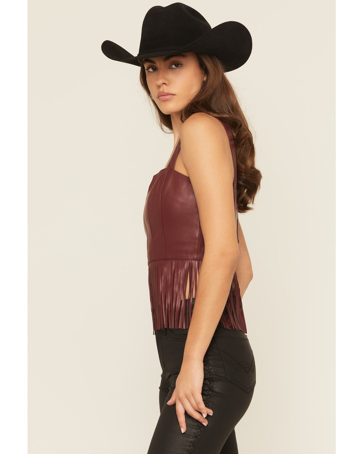 Roycroft Faux Leather Fringe Bustier Top