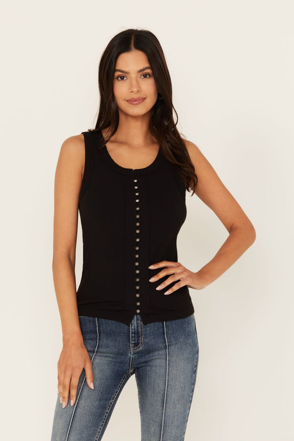 Edna Button Front Ribbed Tank - Black