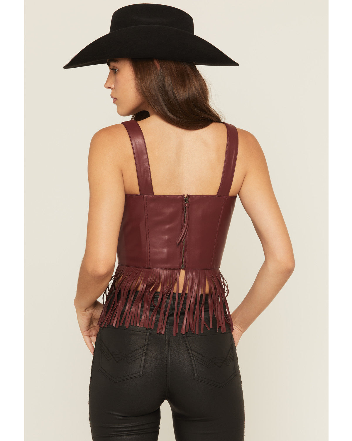 Roycroft Faux Leather Fringe Bustier Top
