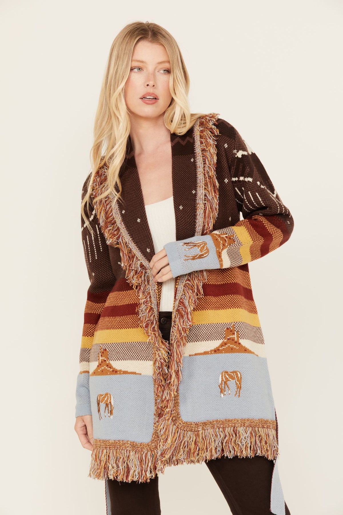 Desert Sunset Print Long Sleeve Fringe Gardigan