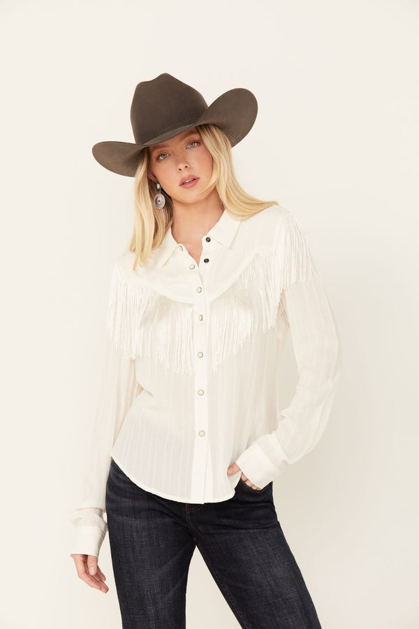 Etta Fringe Western Yoke Long Sleeve Snap Shirt - White
