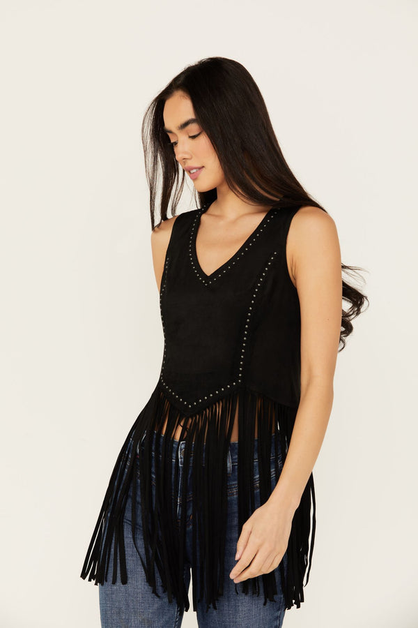 Monticello Fringe Faux Suede Studded Tank - Black