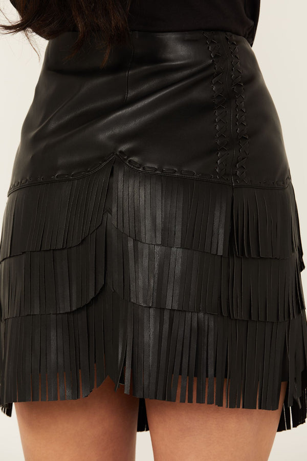 Irene Fringe Faux Leather Skirt - Black