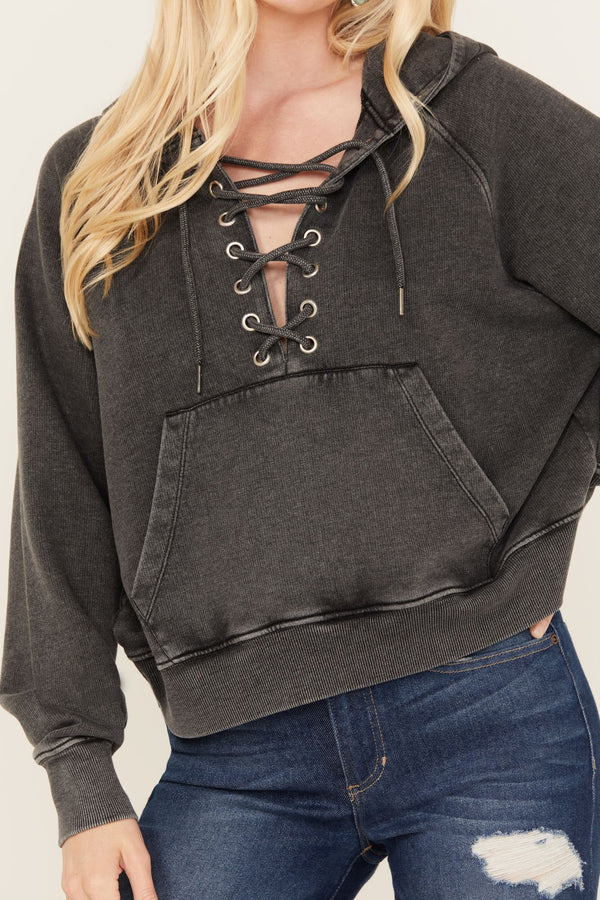Blanche Studded Tie Front Hoodie - Black