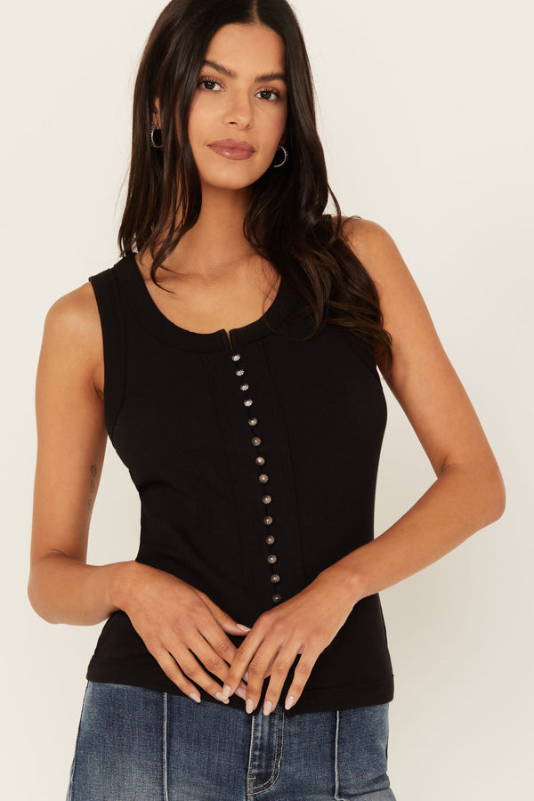 Edna Button Front Ribbed Tank - Black