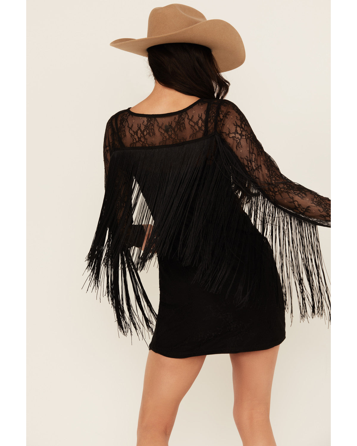 black fringe dress western Melvin Lace Fringe Long Sleeve Mini Dress