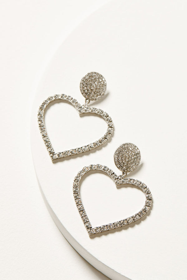 Jeanette Heart Rhinestone Earrings - Silver
