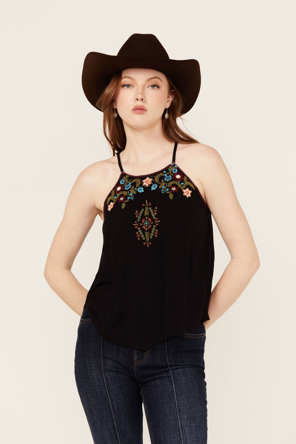 Surrey Embroidered And Beaded Halter Top - Black