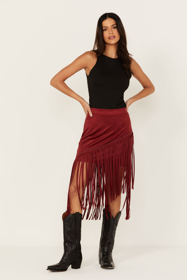 Shiloh Faux Suede Asymmetrical Fringe Skirt - Dark Red