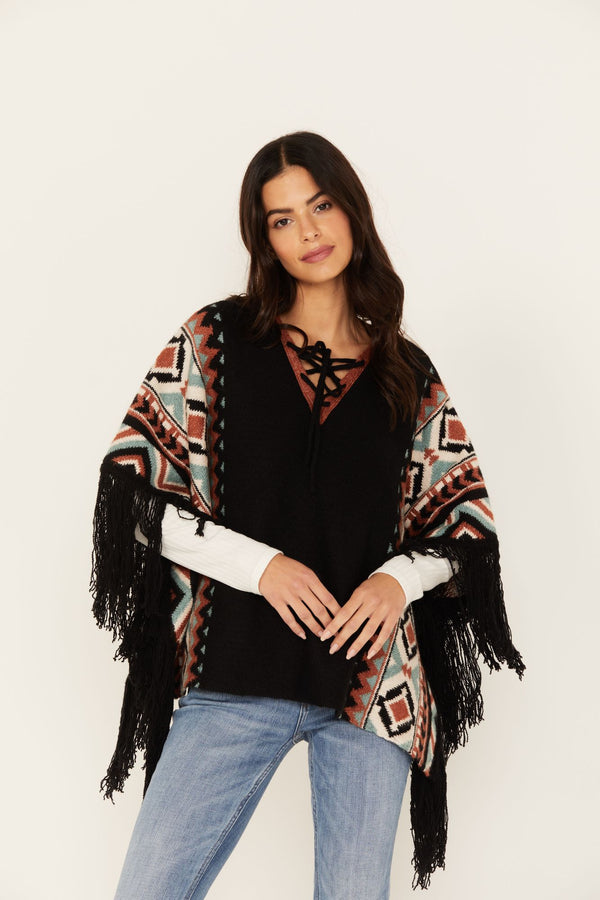 Alma Southwestern Poncho Sweater - Black