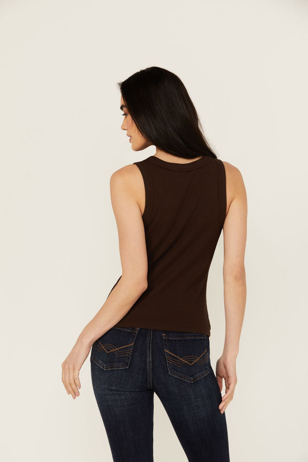 Edna Button Front Ribbed Tank - Dark Brown