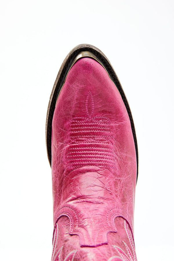 Wheels Pink Leather Western Booties - Round Toe - Magenta