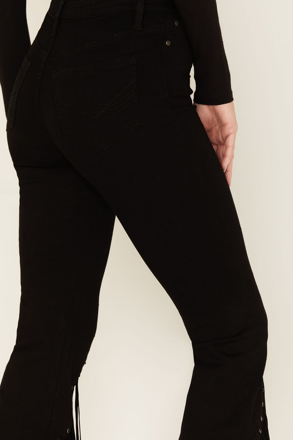 Fringe & Embellished High Risin' Stretch Flare Jeans - Black