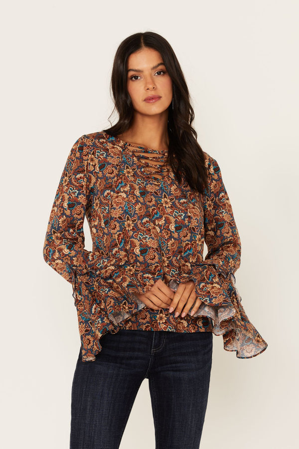 Rouge Paisley Print Lace Up Top - Dark Blue