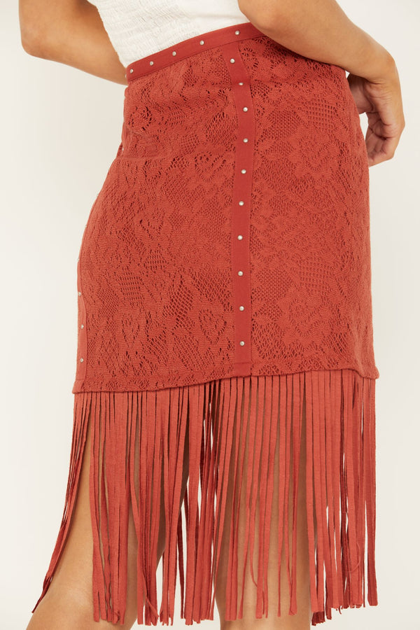 Crochet Lightning Fringe Skirt - Brick Red