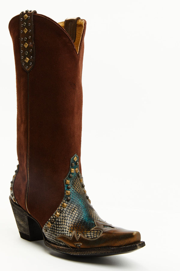 Leap Snake Suede Leather Western Boots - Snip Toe - Brown