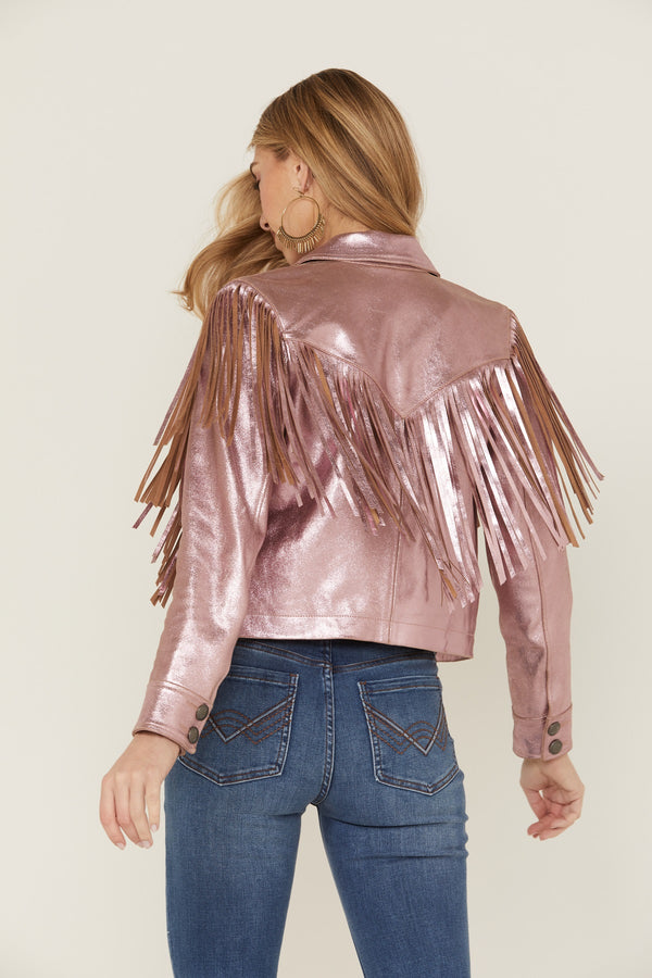 Day Off Pink Metallic Leather Fringe Jacket