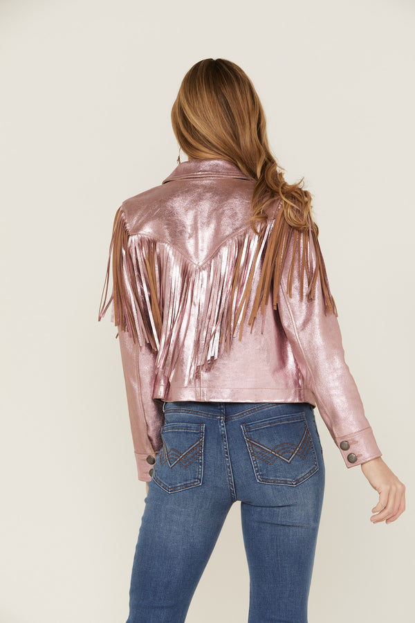 Day Off Pink Metallic Leather Fringe Jacket