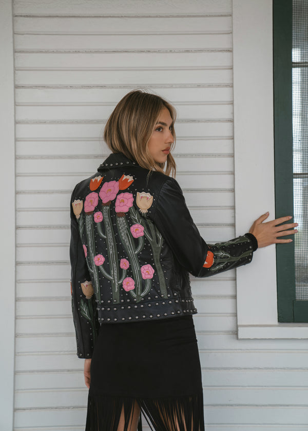 Floral Embroidered Leather Moto Jacket