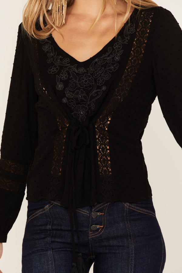 Romance Floral Embroidered Swiss Dot Blouse - Black