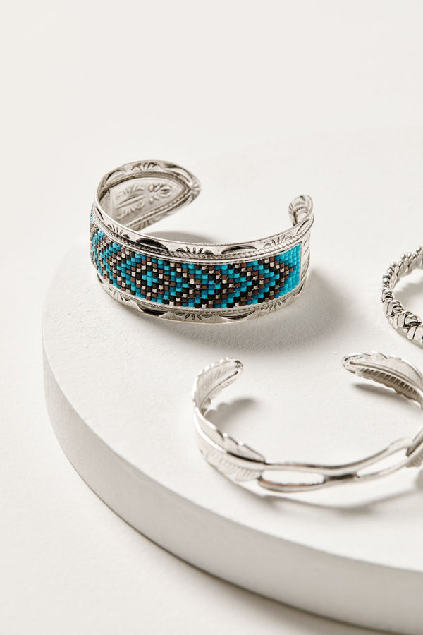 Wesley Court Feather Turquoise Cuff Bracelet Set - 3-Piece - Silver