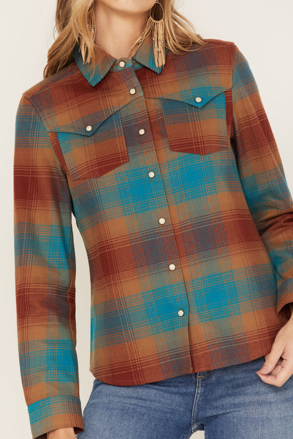 Ombre Plaid Print Long Sleeve Snap Western Top