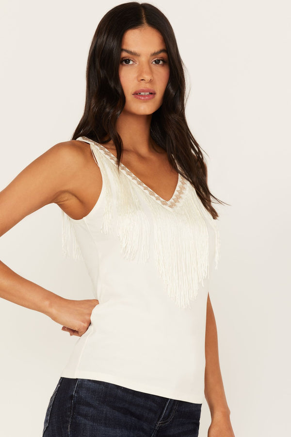 Songstress Embroidered Fringe Tank Top - Ivory