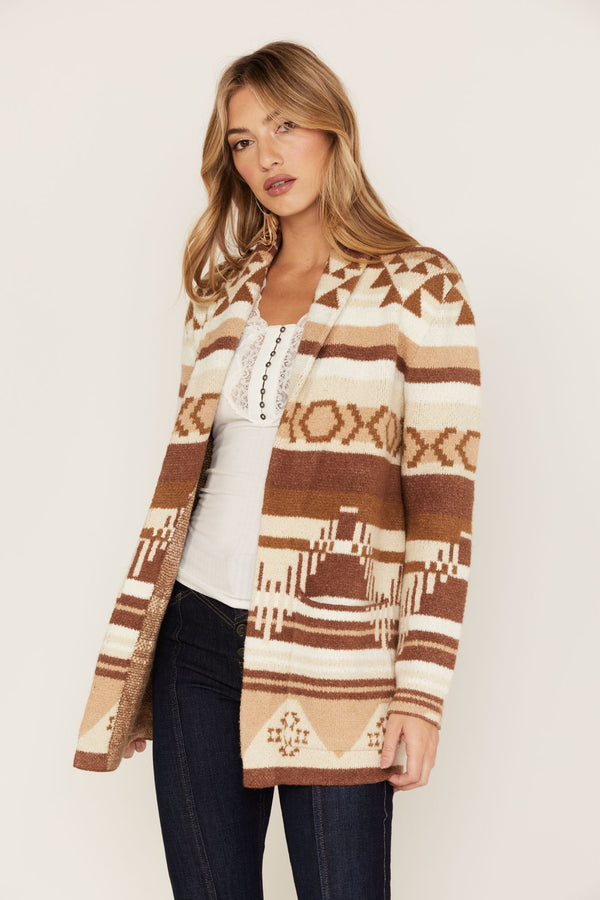 Twin Pines Southwestern Stripe Print Cardigan Sweater - Ivory