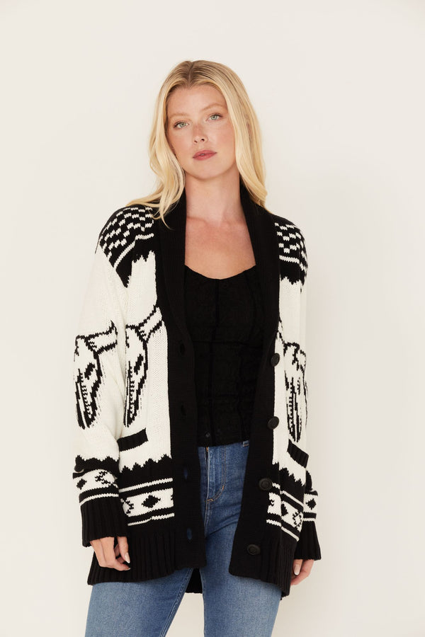 Steer Head Knit Boyfriend Cardigan Sweater - Black
