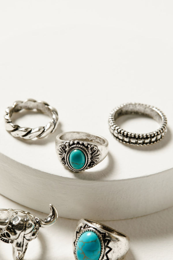 Meridian Silver & Turquoise 5-Piece Ring Set - Silver