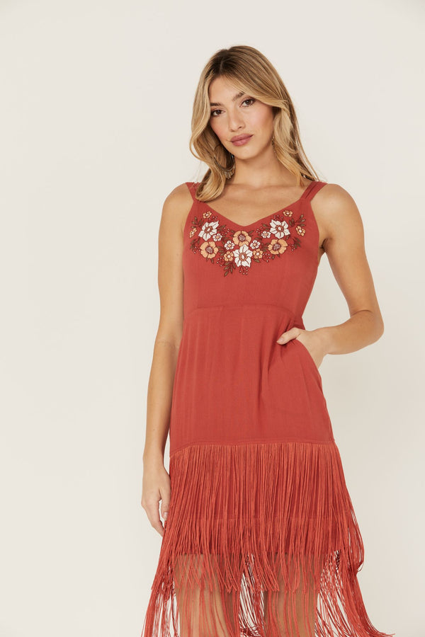 Strawberry Hill Embroidered Floral Fringe Dress - Brick Red