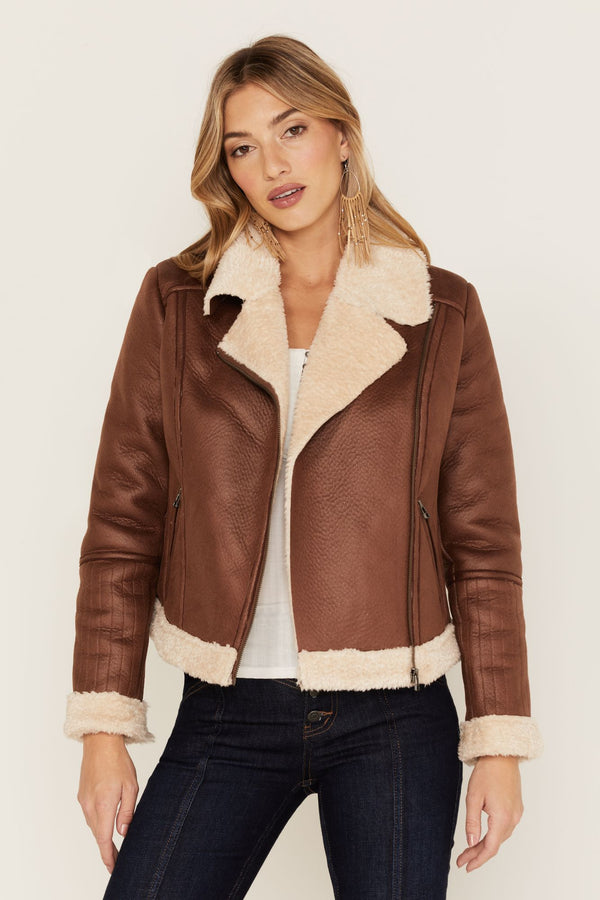 Faux Leather & Shearling Jacket - Brown