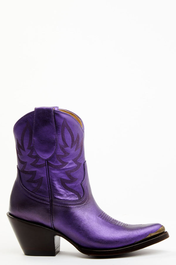 Wheels Metallic Violet Leather Booties - Pointed Toe - Purple