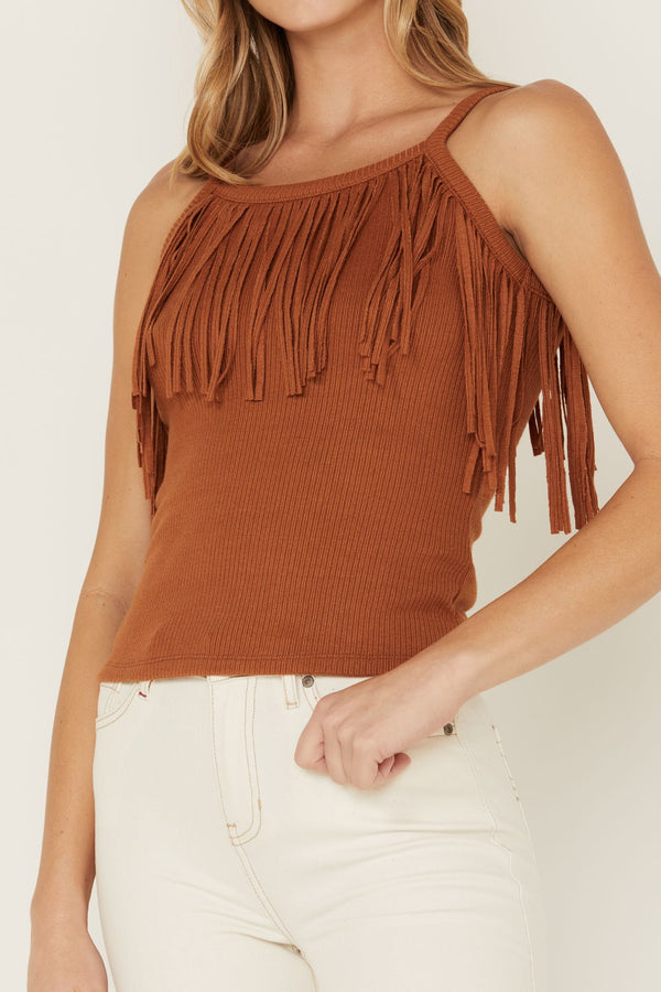 Fringed ribbed-knit crop top