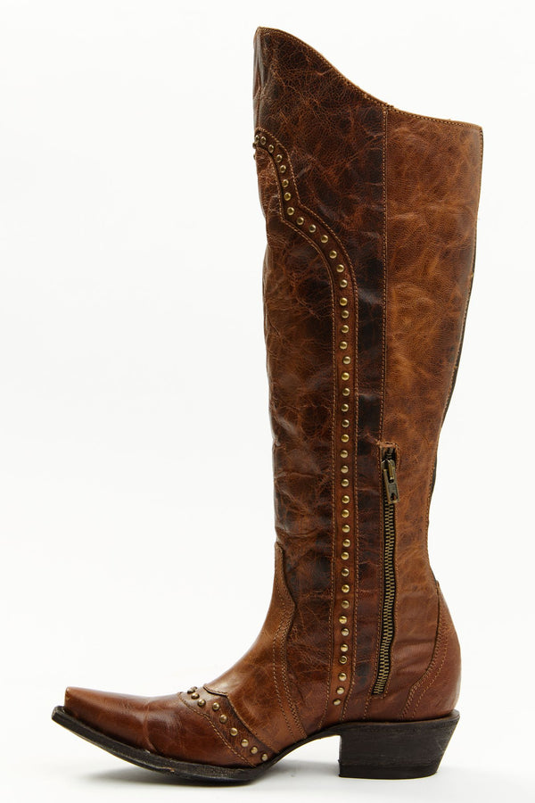 Straight Up Orix Goat Studded Leather Tall Western Boots - Snip Toe - Brown