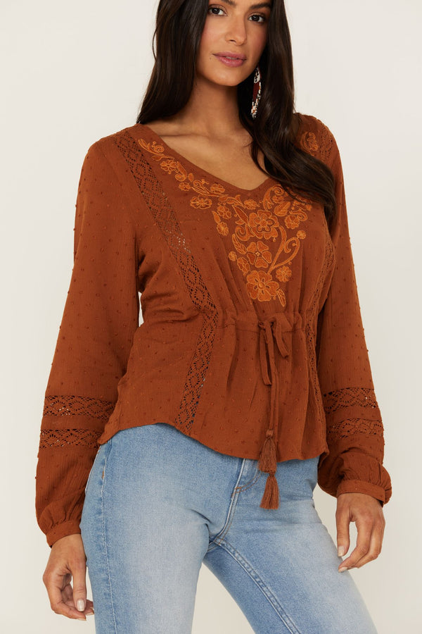 Romance Floral Embroidered Swiss Dot Blouse - Caramel